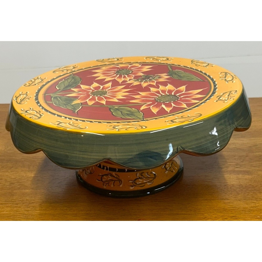 Pier 1 Imports Sunflower Hand Painted Terracotta Cake Stand‎ Pedestal Server